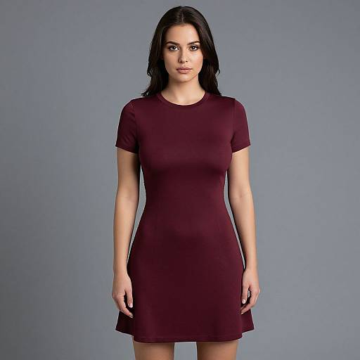 Photograph of a young woman with long black hair, wearing a tight, short-sleeved, maroon dress, standing against a plain gray background