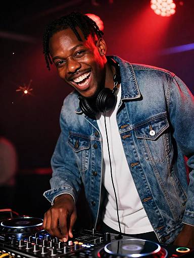 Grinning DJ in Neon Nightclub Close-Up