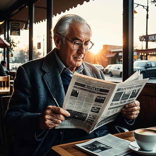 Elderly Man Reading Newspaper in Coffee Shop at Sunrise