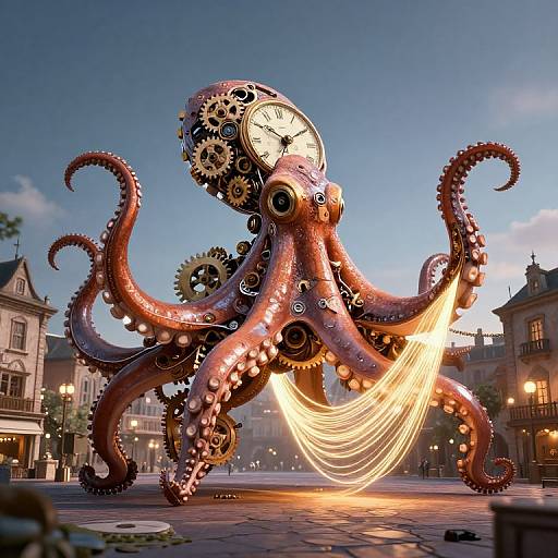 Steampunk octopus statue with glowing gears and clock, set in a vibrant, cobblestone town square at dusk. CGI artwork.