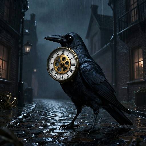 Clockwork Crow on Rainy Cobblestone Alley