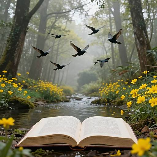 Mystical Forest Stream with Books and Birds
