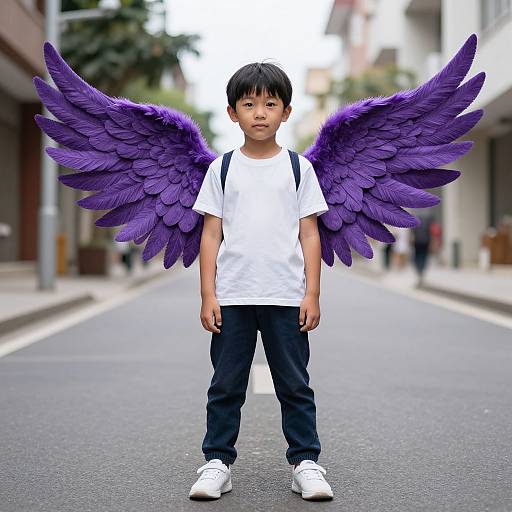 Photograph of a young Asian boy standing on a city street, wearing a white t-shirt, black pants, white shoes, and large purple feathered