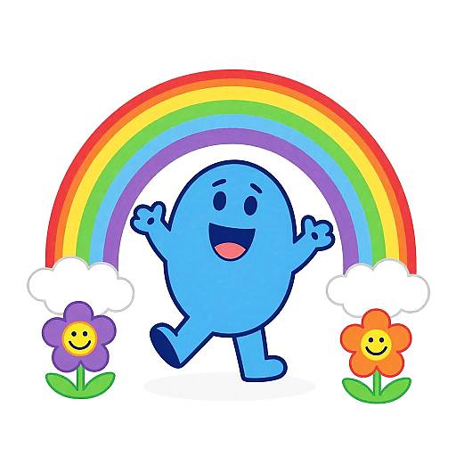 Cute blue cartoon character dancing under a vibrant rainbow with two smiling flowers, one purple and one orange, on a white background.
