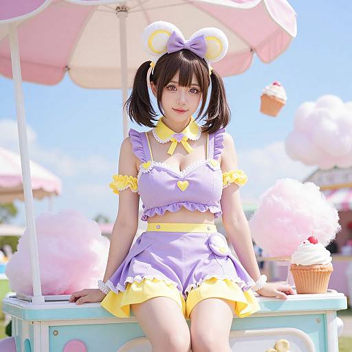 Digital anime-style drawing of a cute, fair-skinned girl with black pigtails, wearing a pastel purple and yellow maid outfit, sitting under