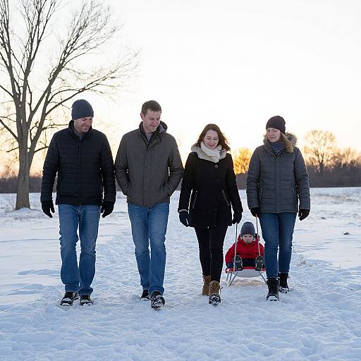 Photograph of a winter family outing: five people in winter clothes, snowy field, bare trees, sunset, and a child in a red sled.