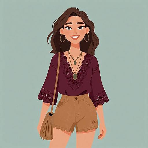 Digital illustration of a smiling woman with wavy brown hair, wearing a purple lace blouse, brown high-waisted shorts, hoop earrings, necklace,