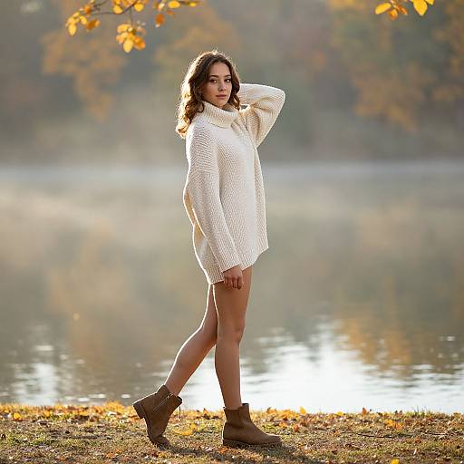 Photograph of a young woman in a white, oversized sweater and brown ankle boots, standing by a sunlit lake with autumn leaves in the background,