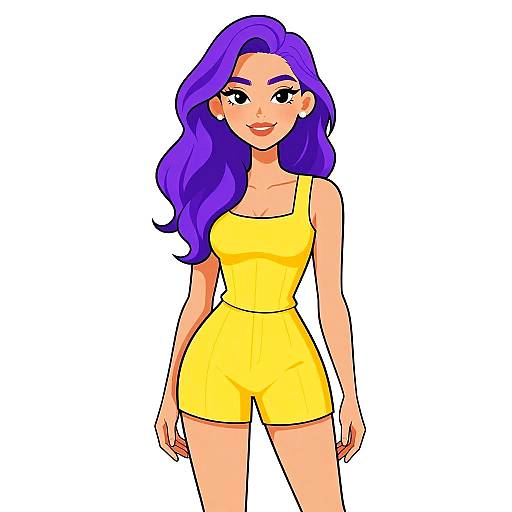 Digital illustration of a cute anime-style woman with long purple hair, wearing a bright yellow sleeveless romper, standing against a white background.