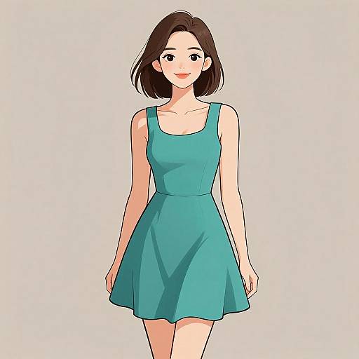Digital anime-style drawing of a smiling young woman with short brown hair, wearing a sleeveless turquoise dress, standing against a plain white background.