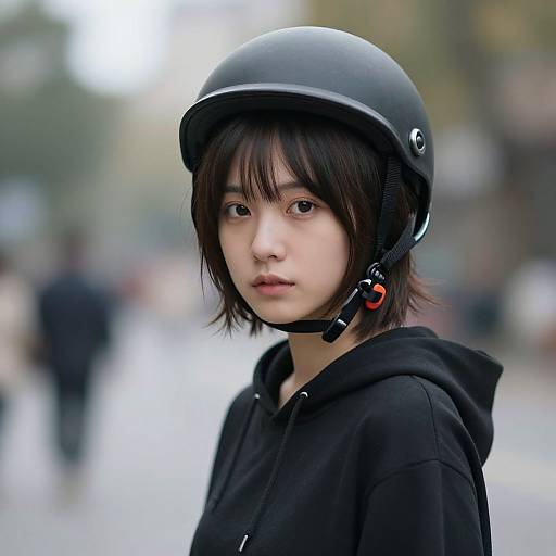 Photograph of an Asian woman with short black hair, wearing a black helmet and hoodie, standing in a blurry urban street.