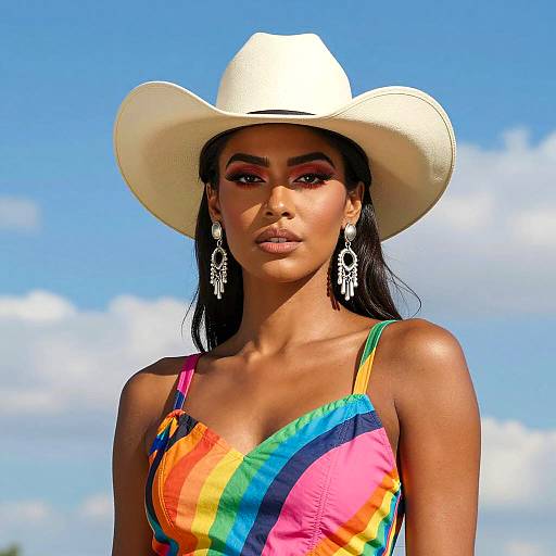 Confident Woman in Colorful Abstract Fashion