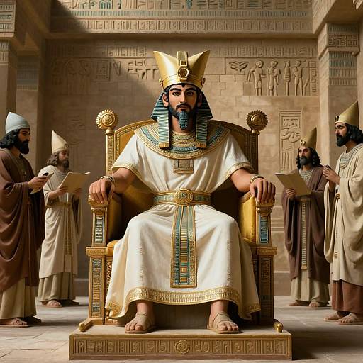 Digital artwork of an Egyptian pharaoh with a black beard, gold headdress, and white robe, seated on a ornate throne in a hierog