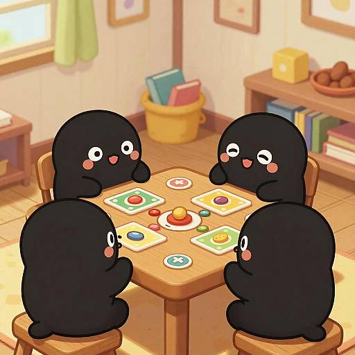 Cute digital drawing of four black, round, blob-like creatures with white eyes and pink cheeks playing a colorful board game at a wooden table in a