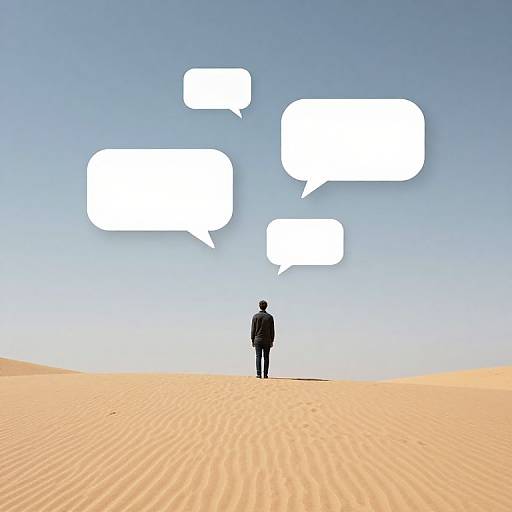 Photograph of a solitary man in a black suit standing in a vast, sandy desert, facing three large, white speech bubbles against a clear blue sky