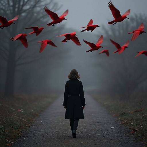 Photograph of a person in a black coat walking down a foggy, tree-lined path, with vibrant red birds flying overhead.