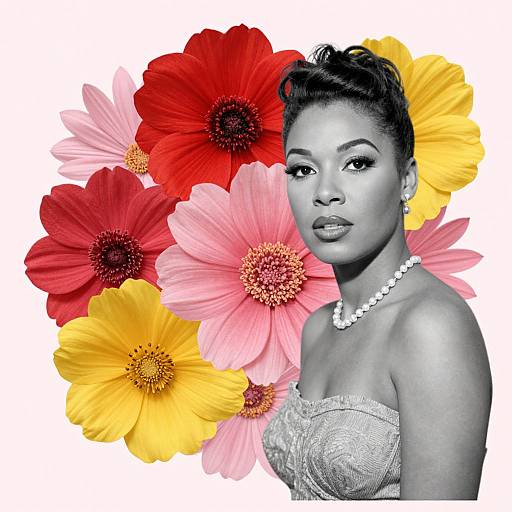 Photograph of a Black woman with short, styled hair, wearing a strapless lace dress and pearl necklace, surrounded by vibrant red, pink, and