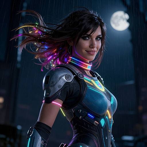 CGI image of a smiling woman with glowing, colorful lights on her futuristic armor, standing in a rainy night cityscape.