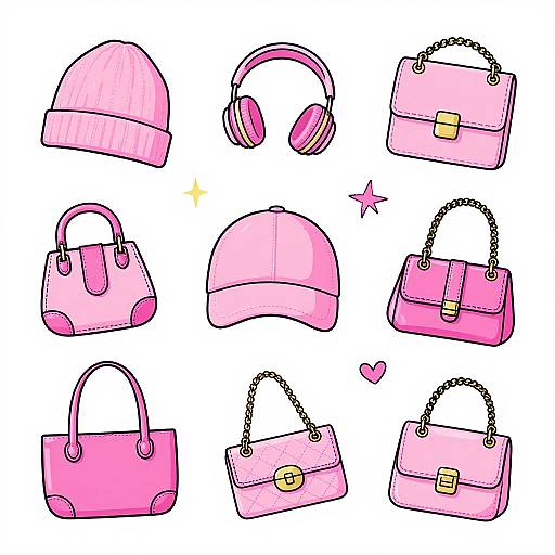 Digital illustration of nine pink accessories: hats, headphones, handbags, with chain handles, gold clasps, and a small star and heart.