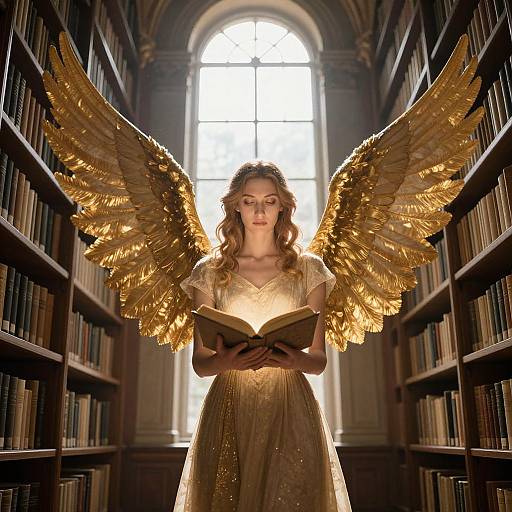 Photograph of a serene angelic woman with golden wings, wearing a shimmering gold dress, reading a book in a dimly lit, arched
