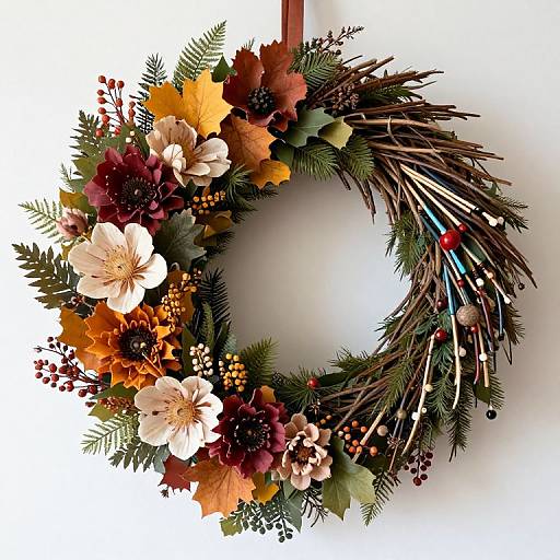 Photograph of a colorful, rustic wreath adorned with autumn flowers, pine needles, and feathers, hanging against a white background.