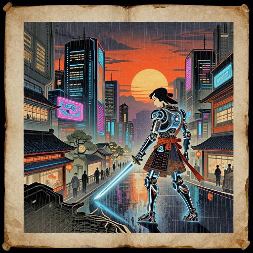 Digital anime-style artwork: armored samurai with glowing blue sword stands in rainy, neon-lit city street at sunset, surrounded by glowing signs and traditional