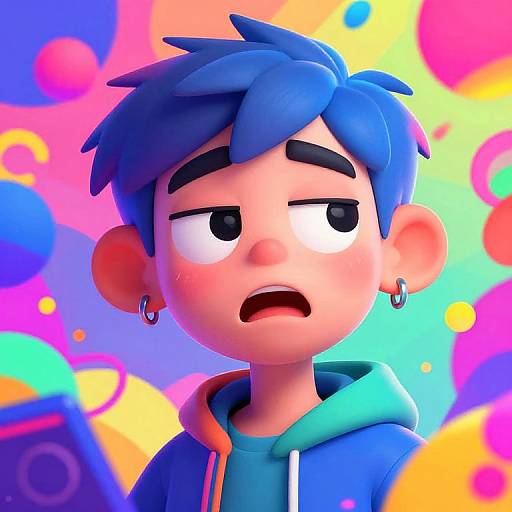 Digital illustration of a blue-haired, teenage boy with large eyes, black eyebrows, and small hoop earrings, wearing a blue hoodie, against a vibrant,