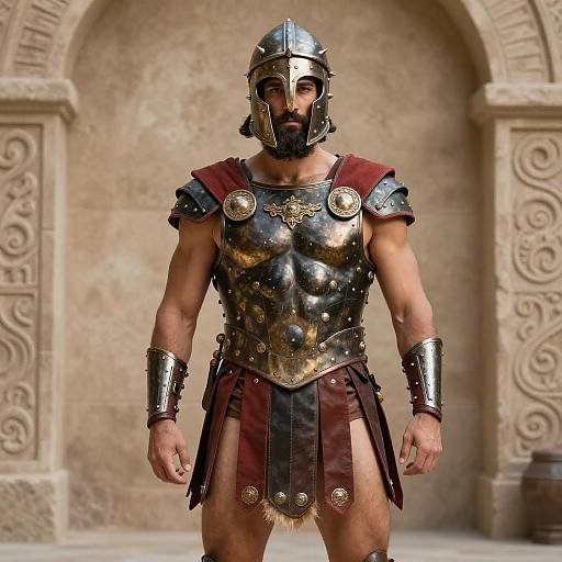 Photorealistic CGI of muscular male gladiator with bronze armor, red leather skirt, metal helmet, and ornate shoulder plates, standing in ancient stone