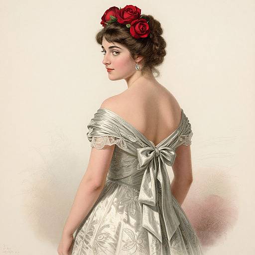 Digital painting of a woman with fair skin and dark hair, adorned with red roses, wearing an off-shoulder, silver satin dress with a large