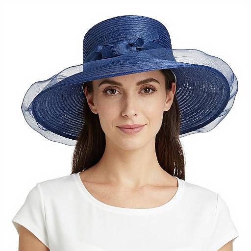 Photograph of a young woman with long dark hair, wearing a white t-shirt and a large blue sunhat with a sheer edge, smiling softly against