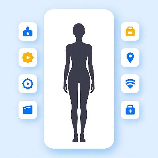 Digital silhouette of a standing person in dark blue, centered on a white background with app icons on both sides.