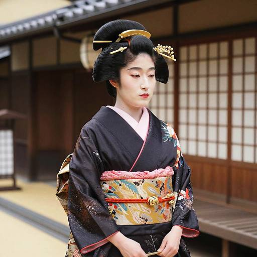 Photograph of a Japanese geisha in a black kimono with colorful obi, adorned hair with gold accessories, standing in a traditional wooden building.