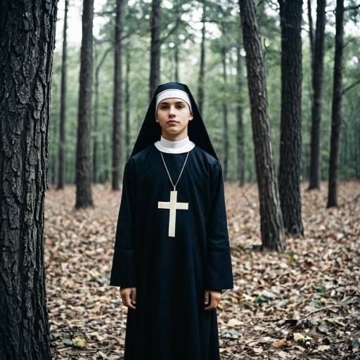 Boy in Nun Costume Standing in Forest