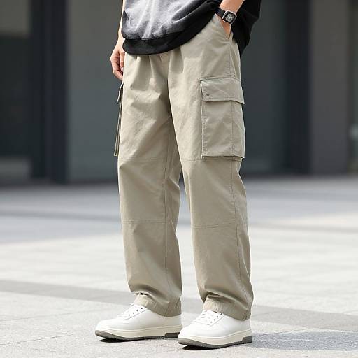 Photograph of a person's lower body in beige cargo pants, white sneakers, black shirt, and wristwatch, standing outdoors with a blurred urban background