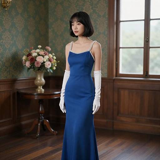 Elegant Woman in Blue Evening Gown with Gloves