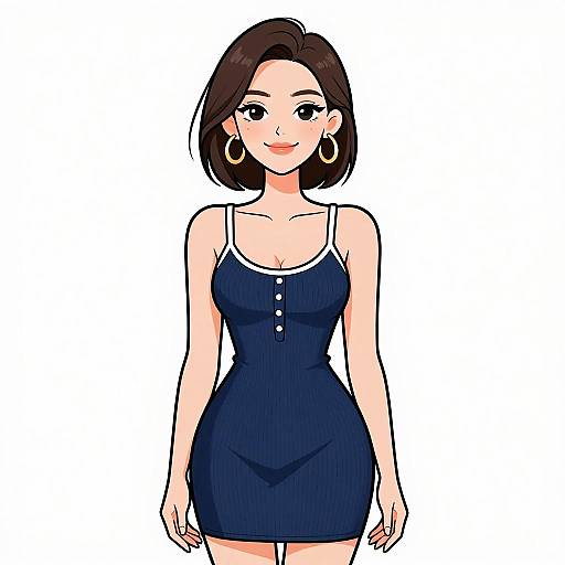 Digital anime-style drawing of a smiling woman with short brown hair, wearing a navy blue, sleeveless dress with white straps and buttons, and large hoop