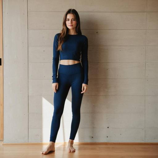 Young woman in navy blue activewear standing indoors