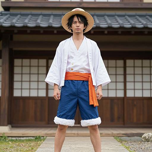 Photograph of an Asian man in traditional Japanese attire: white kimono, orange sash, blue shorts with white trim, straw hat, standing in