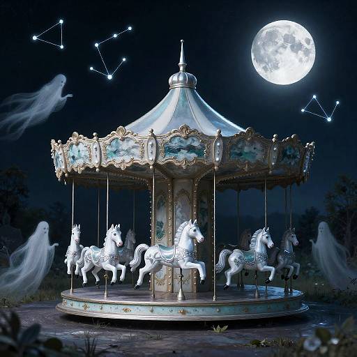 Moonlit Antique Carousel with Ghostly Figures