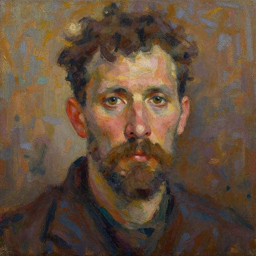 Impressionist-style painting of a bearded man with curly brown hair, intense brown eyes, and a contemplative expression, set against a textured,