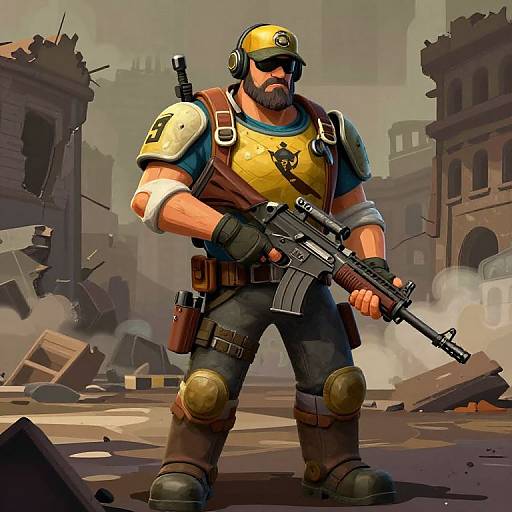 Digital artwork of a muscular bearded man in yellow armor, helmet, and sunglasses, holding a rifle, standing in a ruined, smoky urban battlefield
