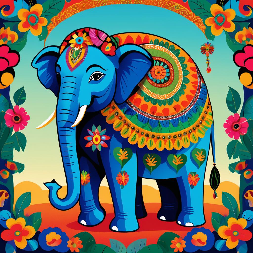 Vibrant Elephant in Frida Kahlo Style