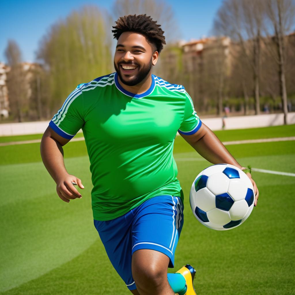 Joyful Young Man Playing Soccer Outdoors