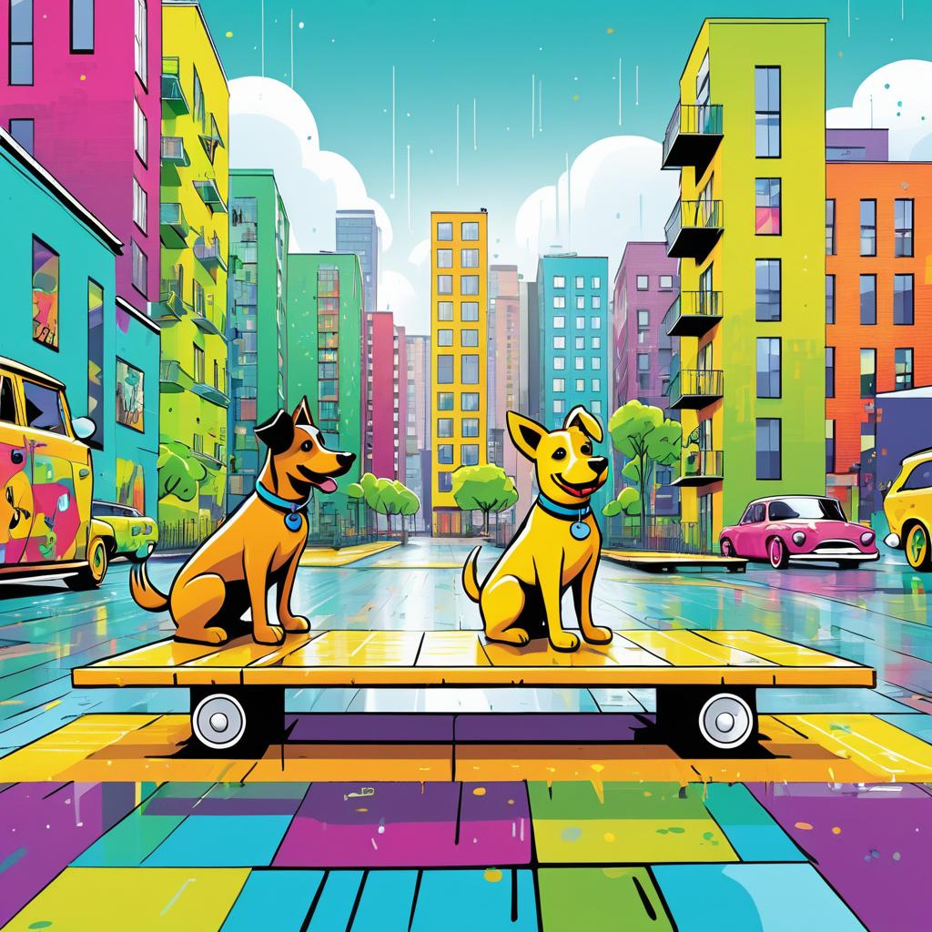 Dogs Skateboarding in Colorful Urban Paradise