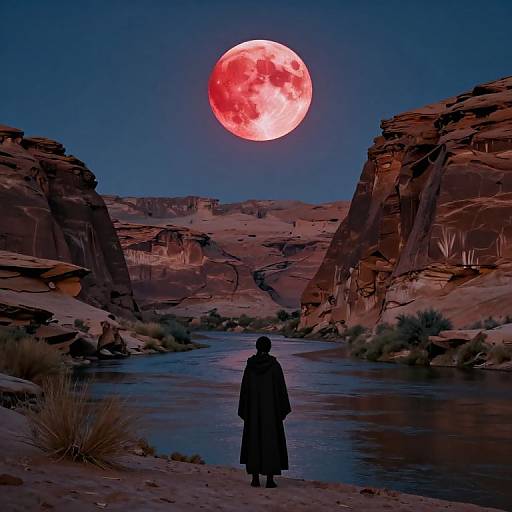 Silhouetted person in long coat stands by river, facing glowing red moon in dark desert canyon, with rocky cliffs on either side. Digital artwork
