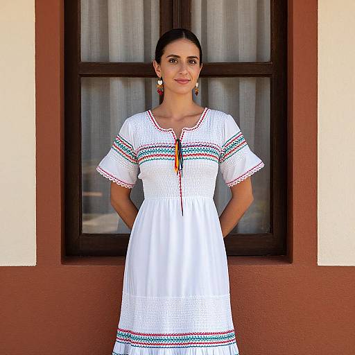 Photograph of a woman with dark hair in a white traditional dress with red and blue embroidery, standing in front of a brown window.
