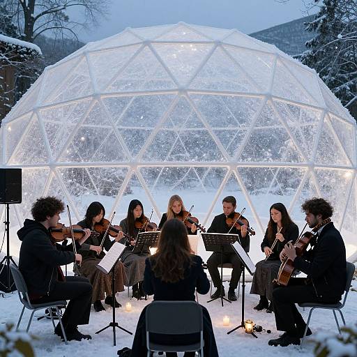 Photograph of a string quartet performing under a glowing white, geodesic dome in a snowy forest at twilight.