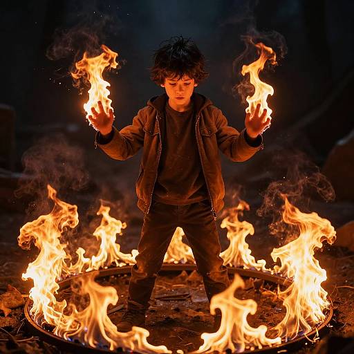 Boy Standing Triumphant in Ring of Fire