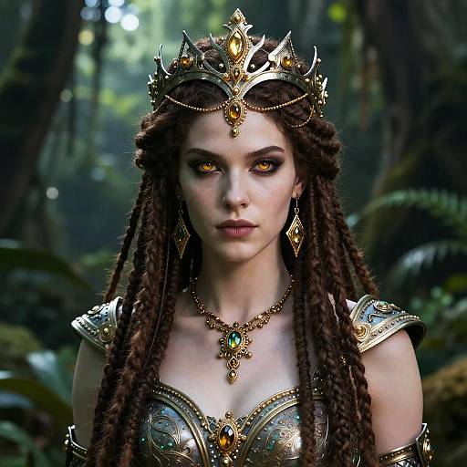 Digital fantasy portrait of a pale-skinned woman with glowing yellow eyes, crowned in gold, adorned in ornate armor and jewelry, with dark brown dread