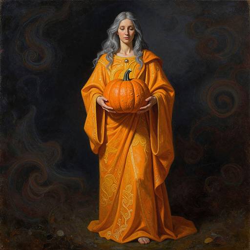 Digital painting of a serene woman with long silver hair, wearing an orange, ornate robe, holding a large pumpkin, set against a dark, swirling